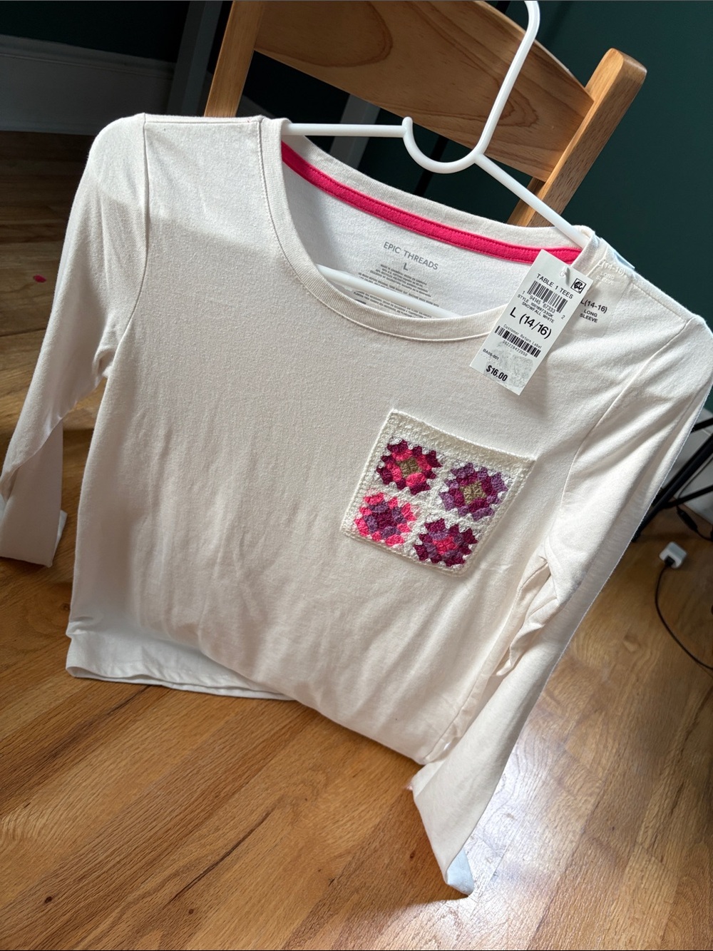 Epic Threads Cream Long-Sleeve Tee with Pink Patch Pocket